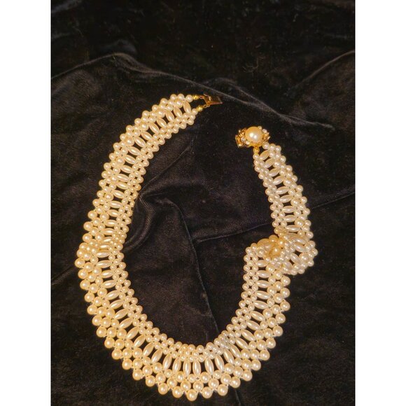 Vintage Gold-Toned Pearl & Rhinestone Choker Necklace With Elegant Layered Desig - Picture 2 of 8